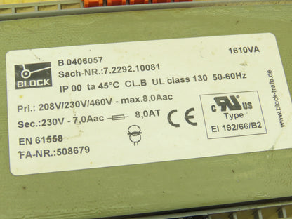 Block B 0406057 AC Control Power Transformer HV 460V LV 230V Off AS25T Kaeser