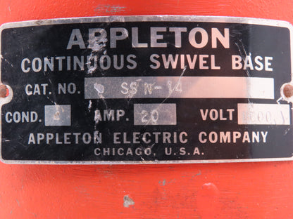 Appleton SSN-14 Continuous Swivel Base For Reel 3 Tabs Aluminum Housing 600V