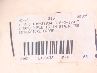 494-33634-C-9-D-120-T Thermocouple Temperature Sensor 15"Probe Stainless