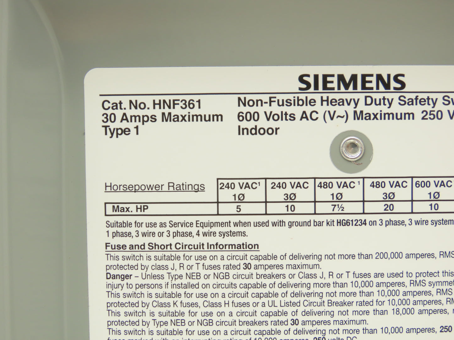 Siemens HNF361 Heavy Duty Safety Disconnect Switch 3P 30A 600VAC 250VDC