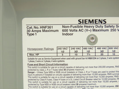 Siemens HNF361 Heavy Duty Safety Disconnect Switch 3P 30A 600VAC 250VDC
