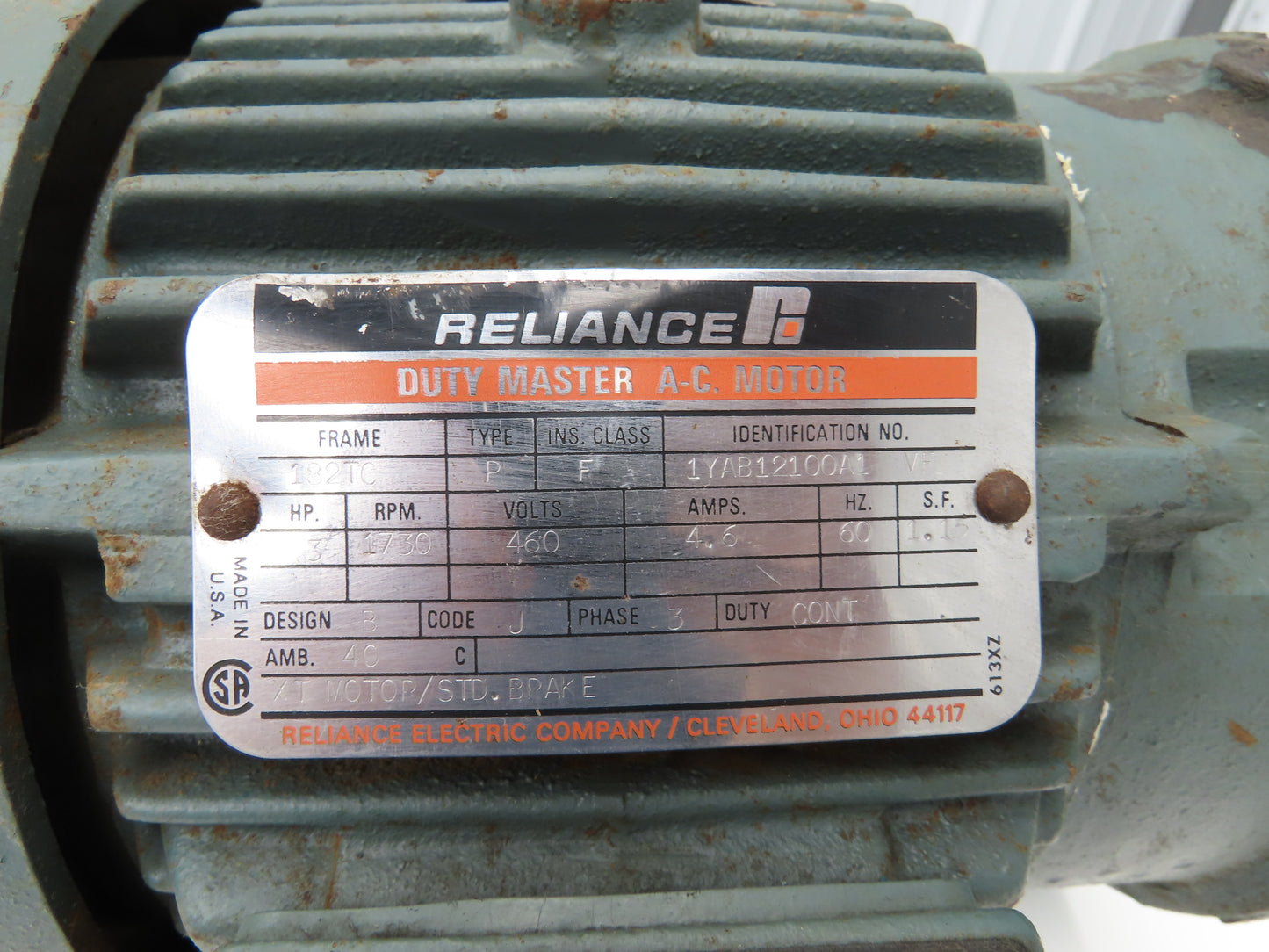 Reliance 1YAB12100A1 Duty Master AC Brake Motor 3Hp 1730 RPM 460V 3PH 182TC