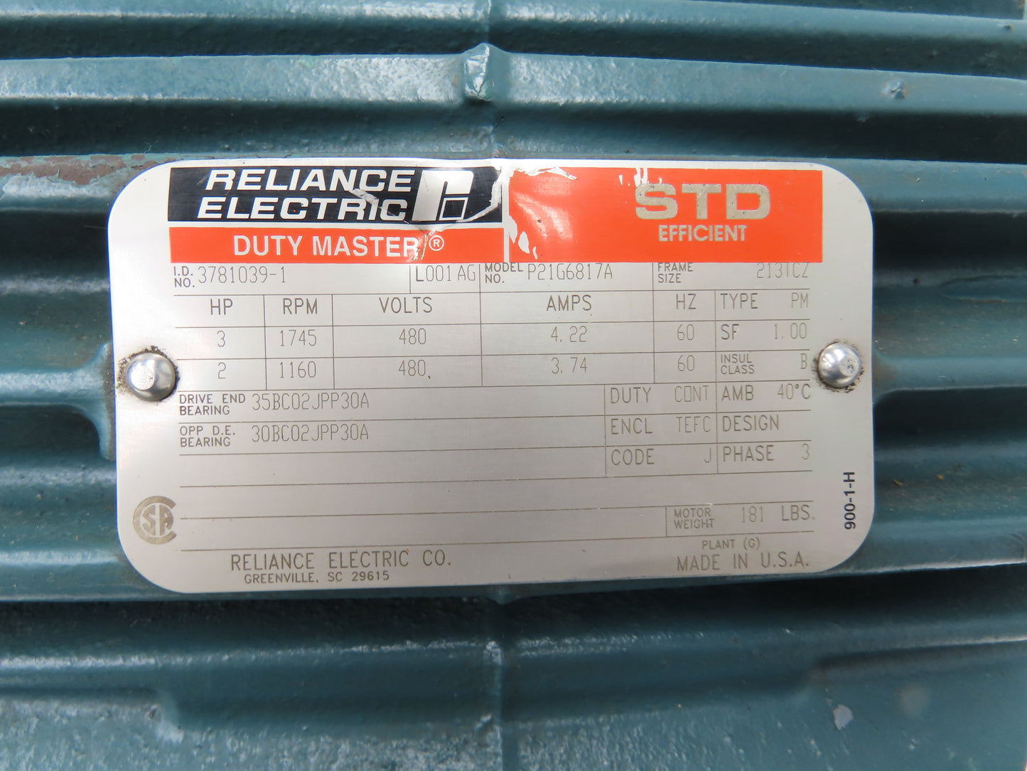 Reliance P21G6817A Duty Master AC Brake Motor 3Hp 1160/1745 RPM 480V 3PH 213TCZ