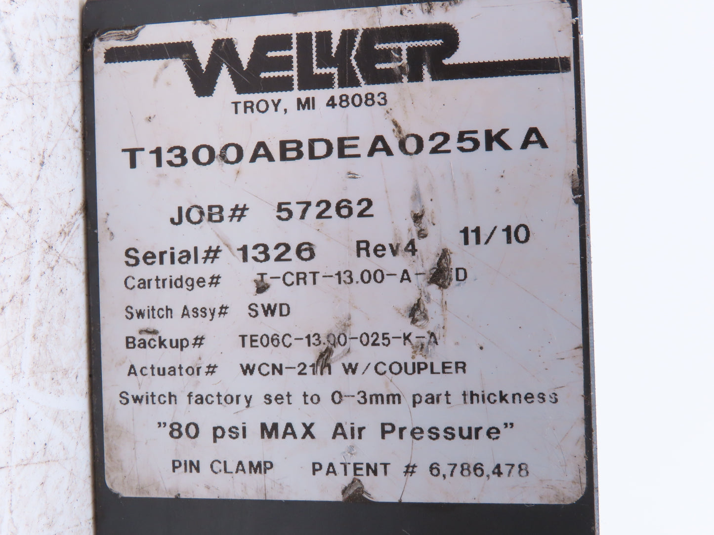 Welker Bearing Co T1300ABDEA025KA Pneumatic Pin Clamp W/Numatics WCN-2111