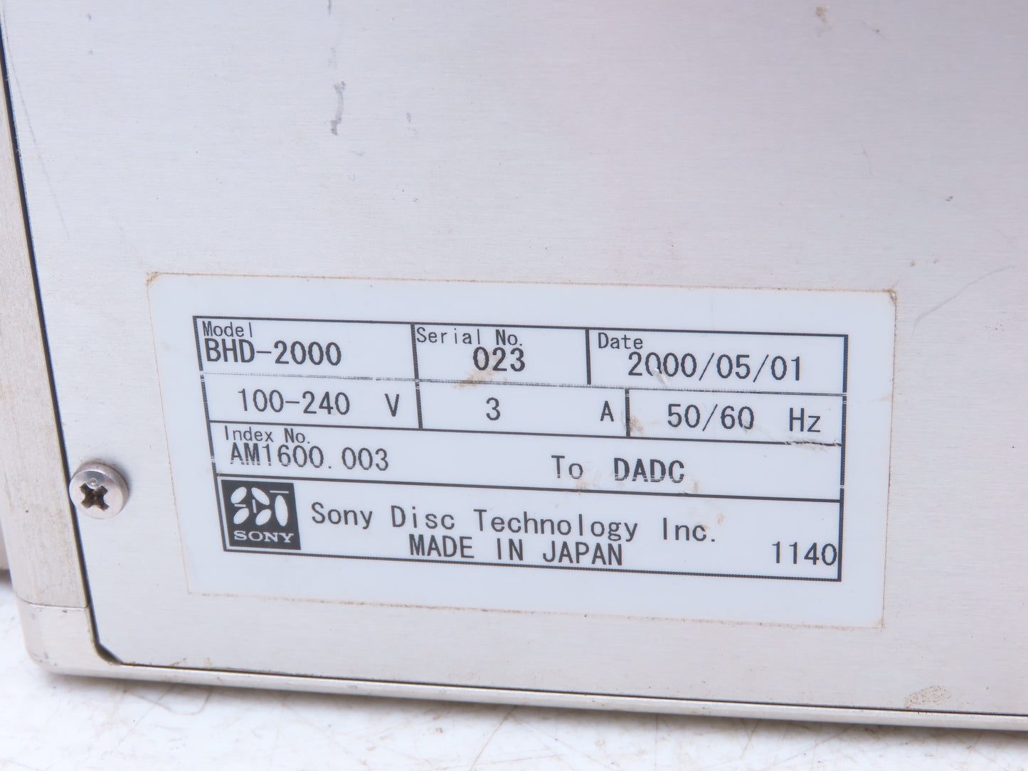 Sony Disc Technology BHD-2000 Compact Disc Processing Unit 100-240V 3A 50/60Hz