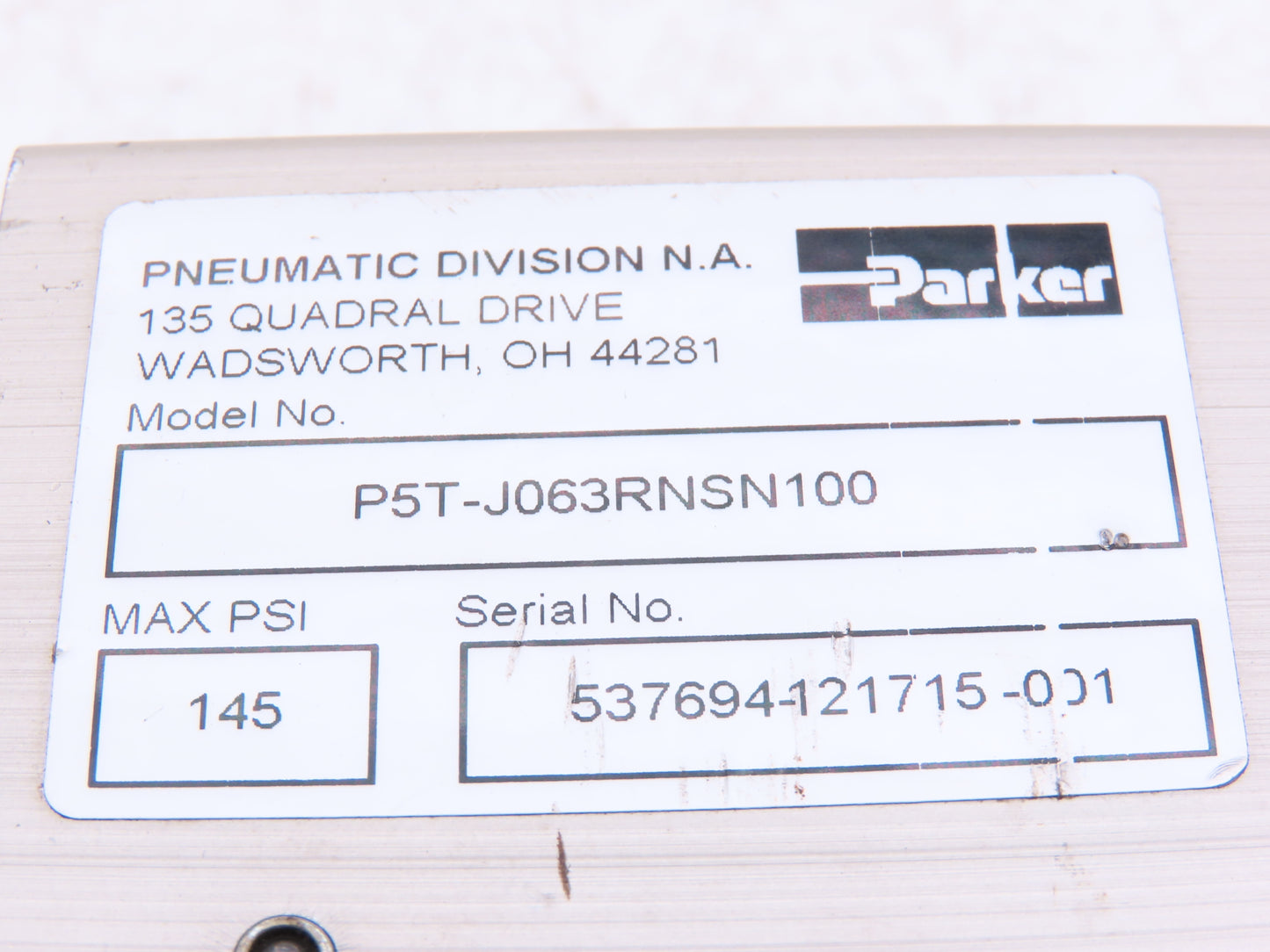 Parker P5T-J063RNSN100 Pneumatic Guided Cylinder 63mm Bore x 100mm Stroke