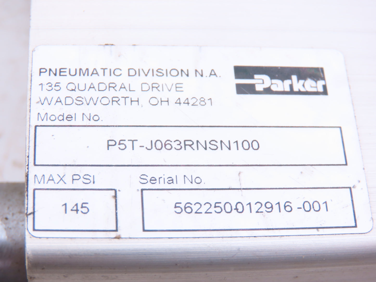 Parker P5T-J063RNSN100 Pneumatic Guided Cylinder 63mm Bore x 100mm Stroke