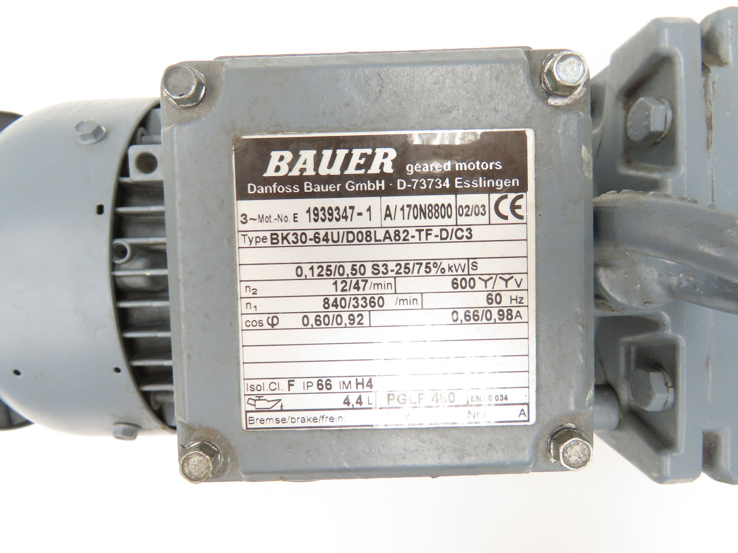 Bauer BK30-64U/D08LA82-TF-D/C3 Gear Motor 0.5kw 12/47 RPM 600V 3PH Hollow Shaft