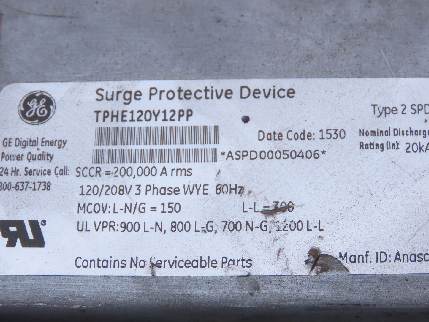 General Electric TPHE120Y12PP Surge Protective Device 120/208 3Ph 200,000A rms