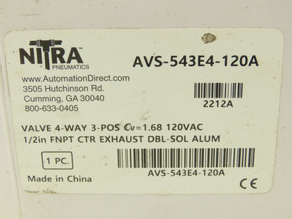 Nitra AVS-543E4-120A Pneumatic Double Solenoid Valve 4 Way 3 Position 120VAC