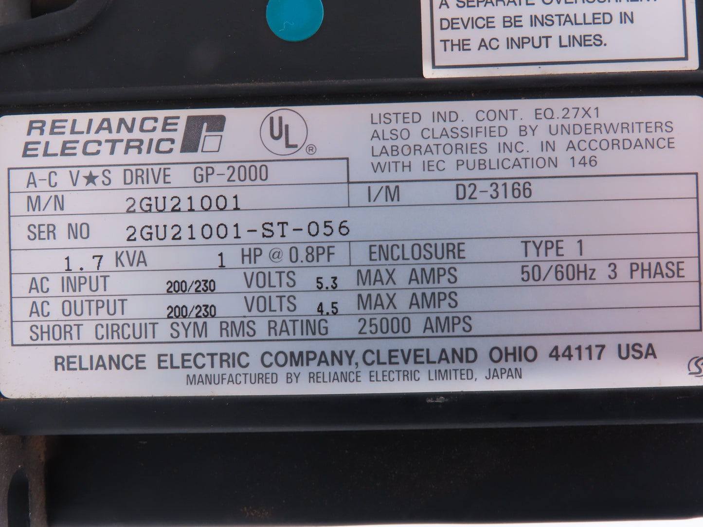 Reliance Electric 2GU21001 VFD AC VS Variable Speed Drive 1.7kVA 1Hp 230V 3PH