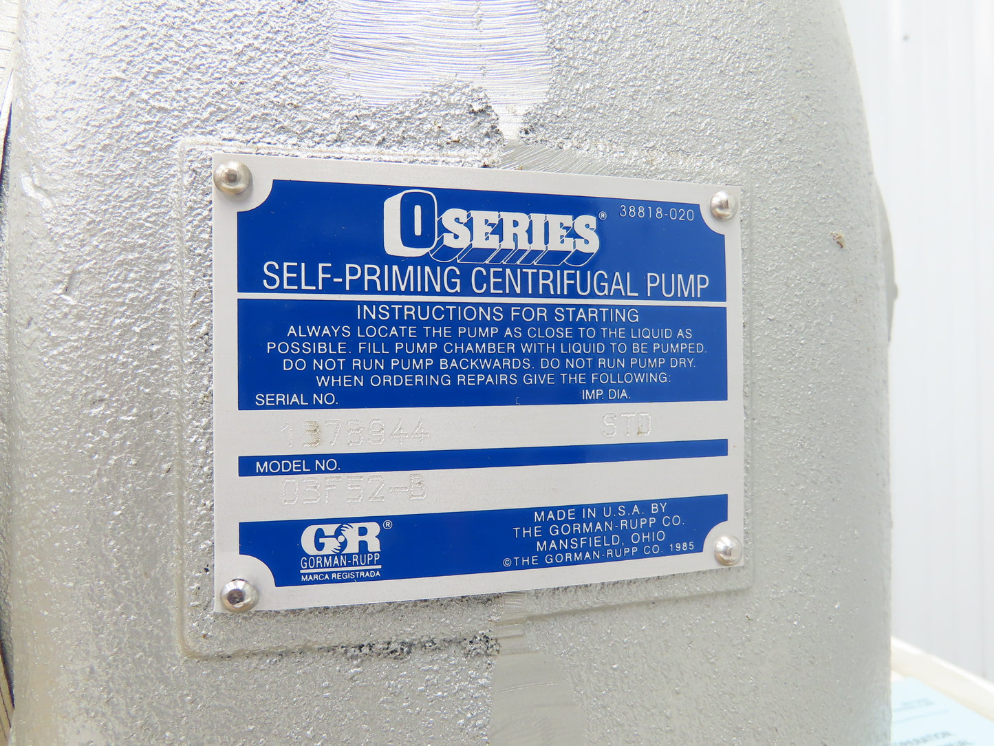 Gorman-Rupp 03F52-B Self Priming Centrifugal Pump 3x3"NPT O-Series Cast Iron
