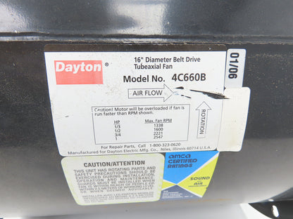 Dayton 4C660B Tubeaxial Fan 16" Belt Drive 1Ph 1/3 Hp Motor 115/230V