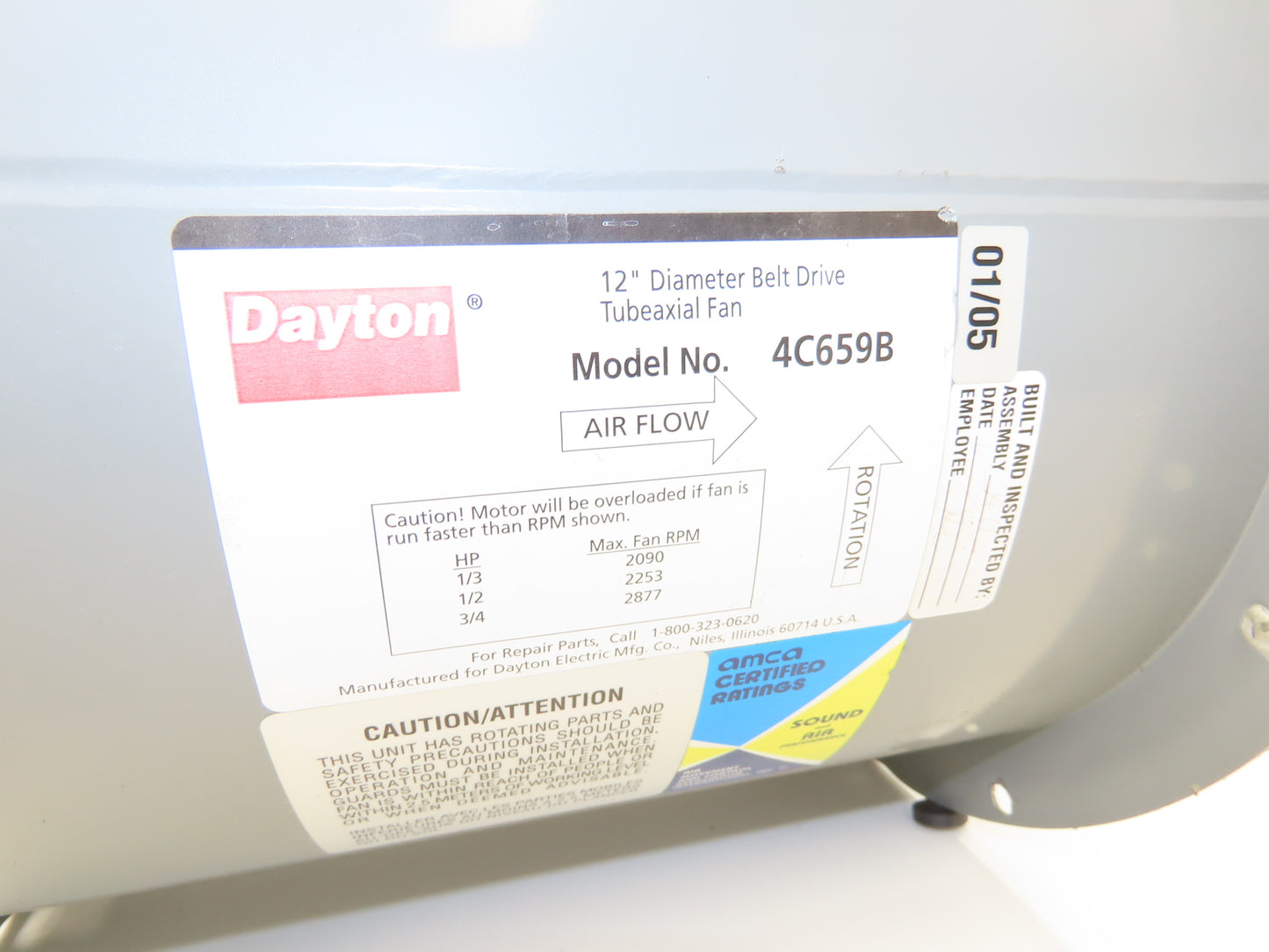 Dayton 4C659B Tubeaxial Fan 12" Belt Drive 1Ph 1/3 Hp Motor 115/230V