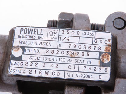 Powell C2221 B2 C1 Globe Valve 1/4" Socket Weld Rising Stem Carbon Class 1500