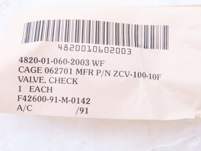 Zevco ZCV-100-10F 62701 Hydraulic Check Valve 600 PSI JIC 5/8-10 Flared