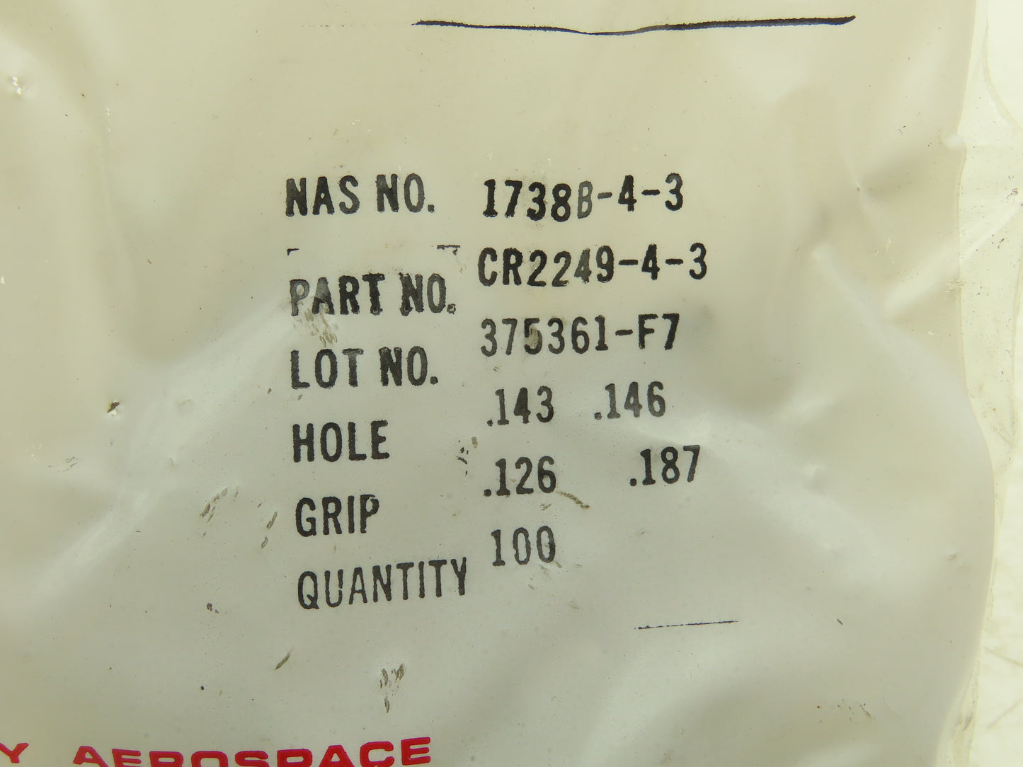Cherry Rivet CR2249-4-3 Aircraft Grip Rivets .143-.146"  Lot of 100pcs
