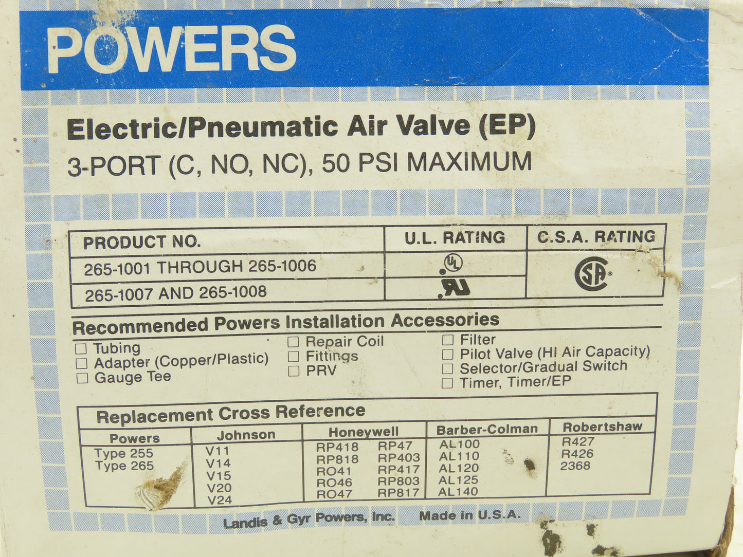 Powers 265-1002 Electric-Pneumatic Air Valve 3-Port 50psi 120V