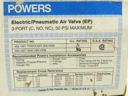 Powers 265-1002 Electric-Pneumatic Air Valve 3-Port 50psi 120V