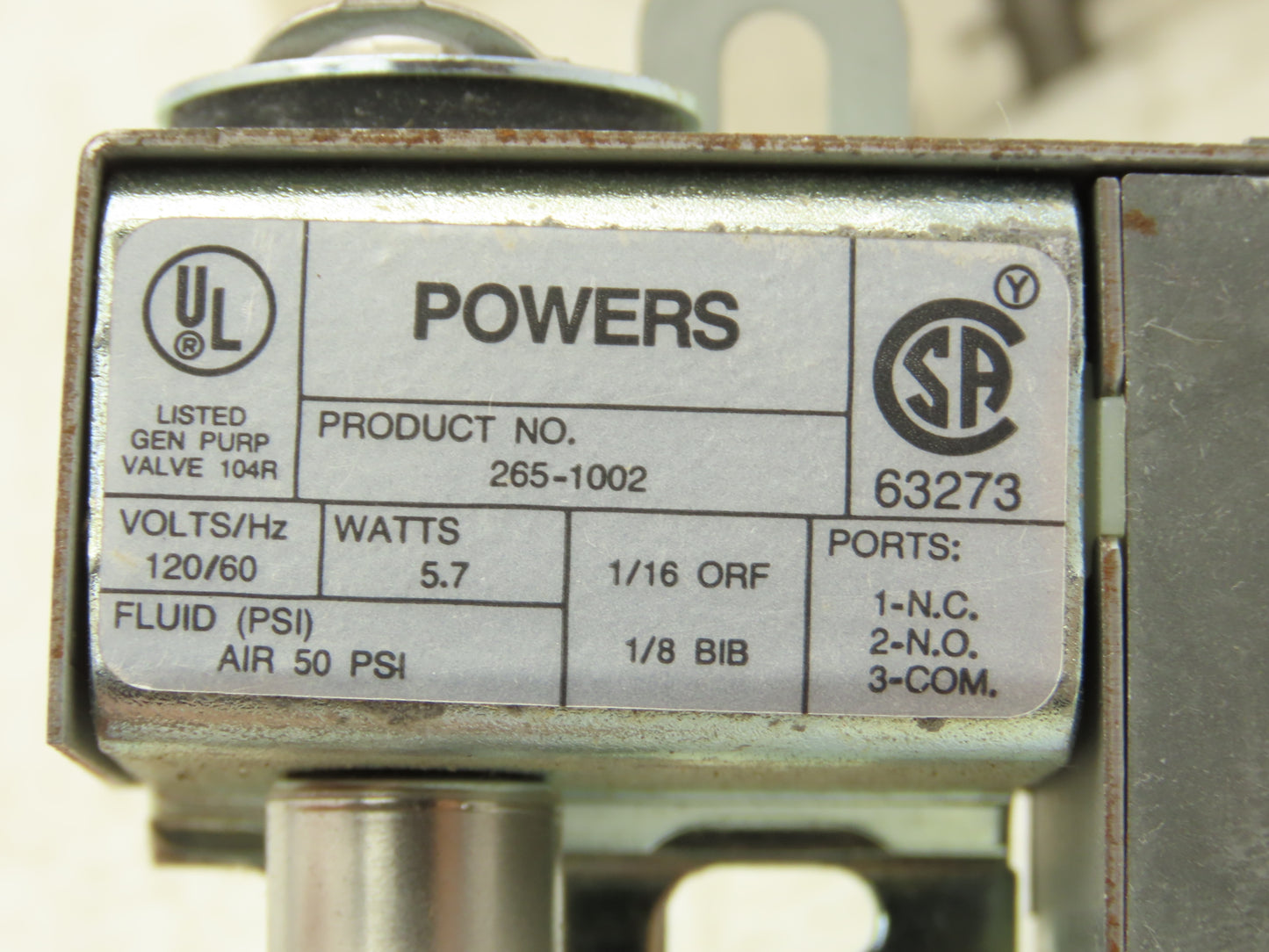 Powers 265-1002 Electric-Pneumatic Air Valve 3-Port 50psi 120V
