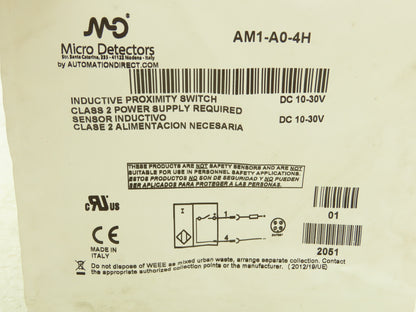 Micro Detectors AM1-A0-4H Inductive Proximity Switch 10-30VDC 12mm OD x 75mm OAL
