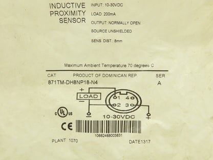 Allen Bradley 871TM-DH8NP18-N4 Proximity Sensor Inductive NO 10-30vdc 200mA