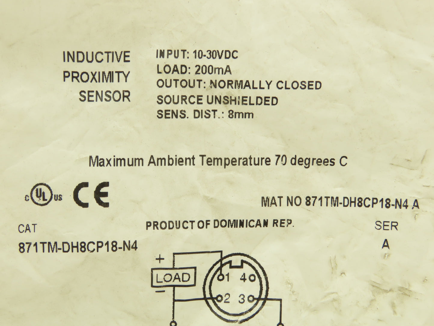 Allen Bradley 871TM-DH8CP18-N4 Proximity Sensor Inductive 10-30vdc 200mA 18mm OD