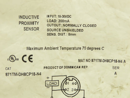 Allen Bradley 871TM-DH8CP18-N4 Proximity Sensor Inductive 10-30vdc 200mA 18mm OD
