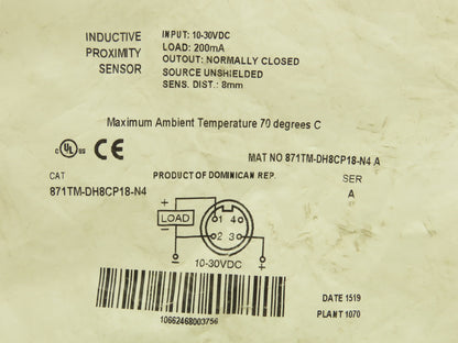 Allen Bradley 871TM-DH8CP18-N4 Proximity Sensor Inductive 10-30vdc 200mA 18mm OD