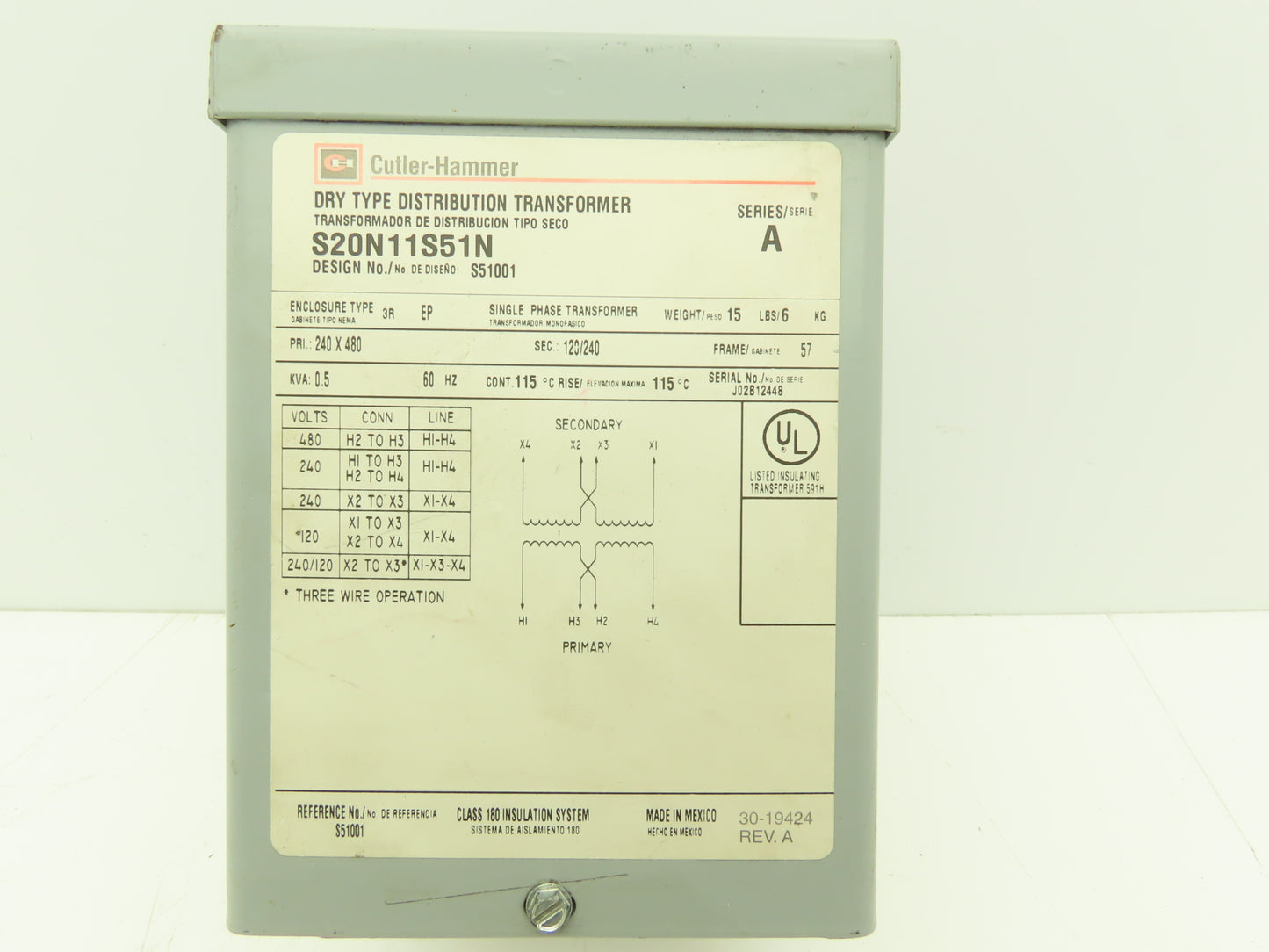 Cutler Hammer Single Phase Step-Down Transformer 0.5kVA 240X480 High 120/240 Low