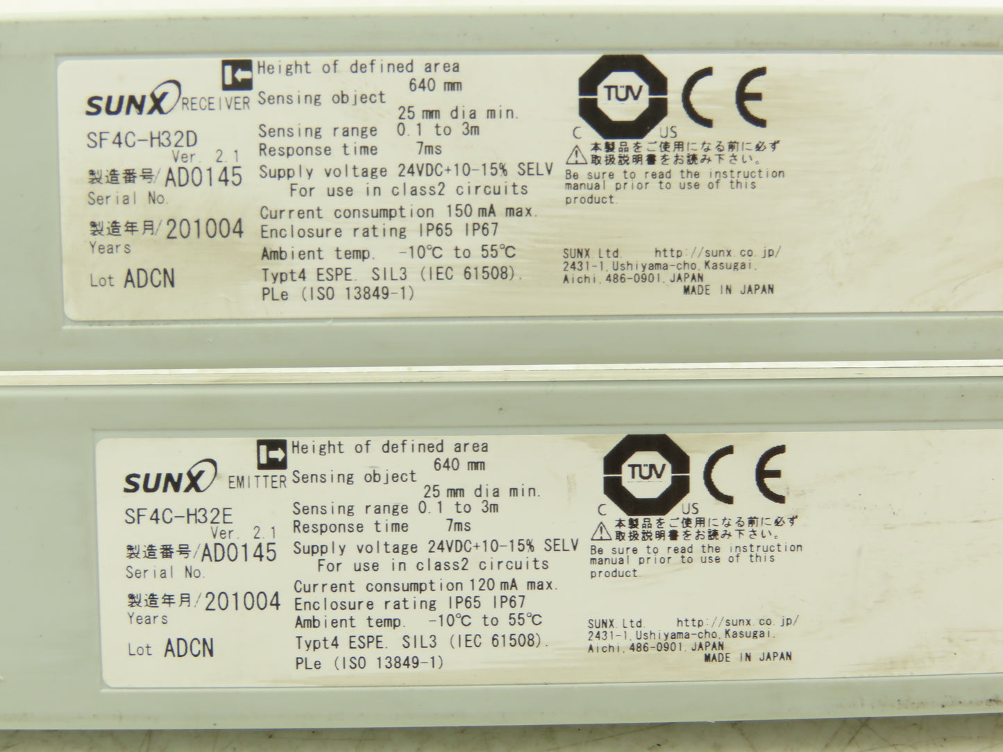 Sunx SF4C-H32E Safety Light Curtains Sensing & Receiving Set 640mm/25" L  24VDC