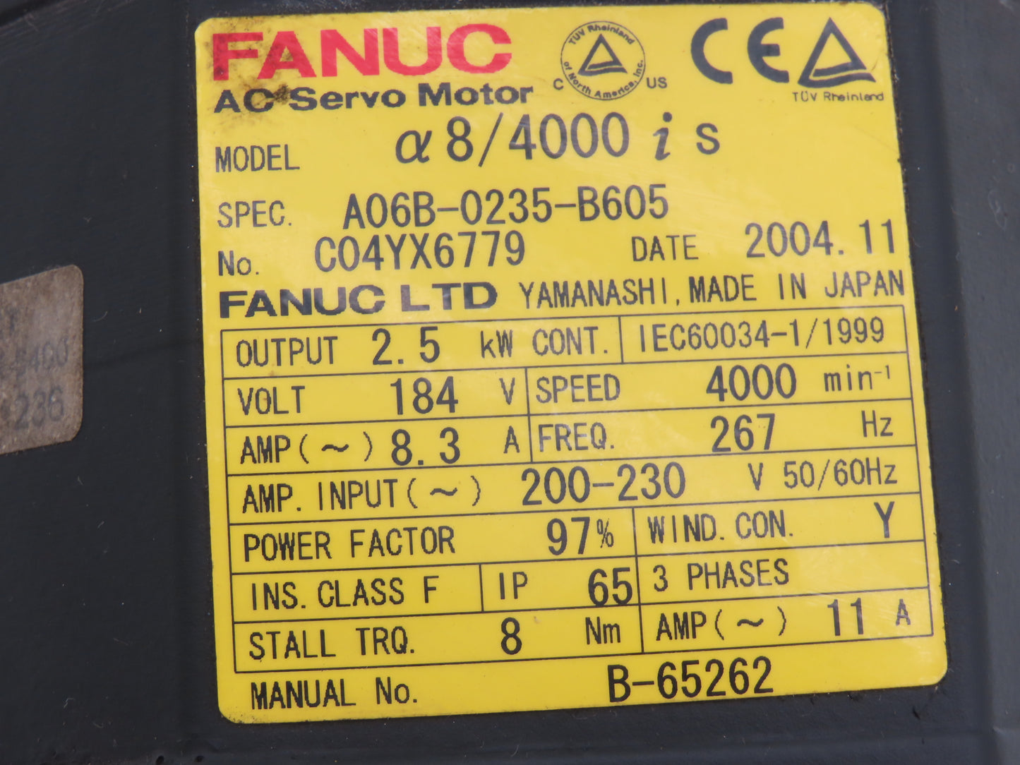 Fanuc A06B-0235-B605 AC Servo Motor 2.5kw 4000 RPM Encoder A860-2010-T341