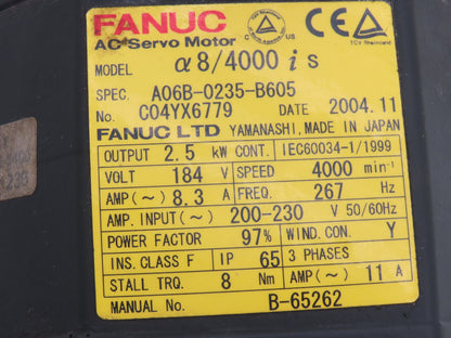Fanuc A06B-0235-B605 AC Servo Motor 2.5kw 4000 RPM Encoder A860-2010-T341