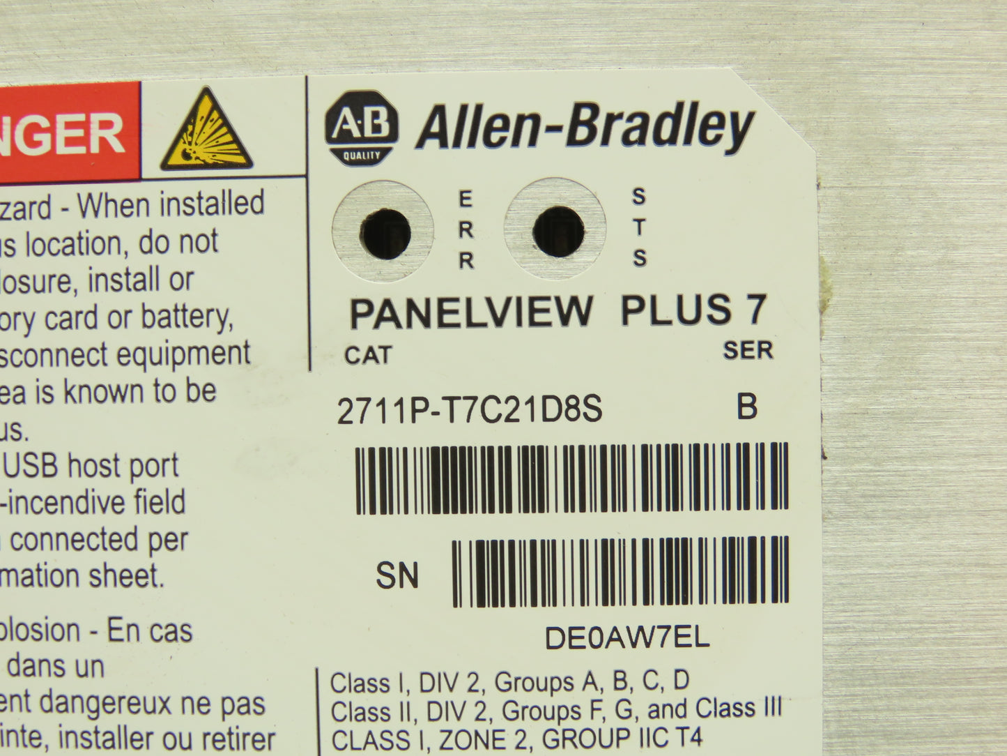 Allen Bradley 2711P-T7C21D8S PanelView Plus 7 Touch HMI 24VDC Control Panel