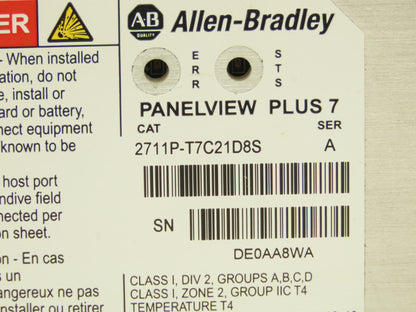 Allen Bradley 2711P-T7C21D8S PanelView Plus 7 Touch HMI 24VDC Control Panel