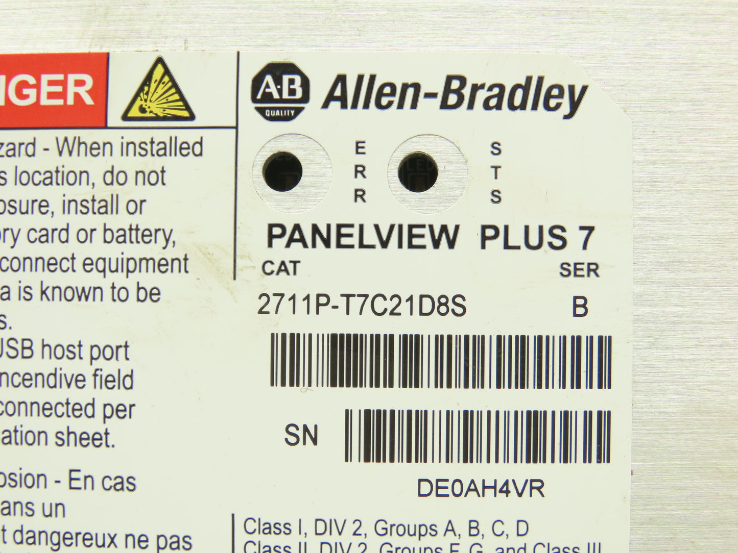 Allen Bradley 2711P-T7C21D8S PanelView Plus 7 Touch HMI 24VDC Control Panel
