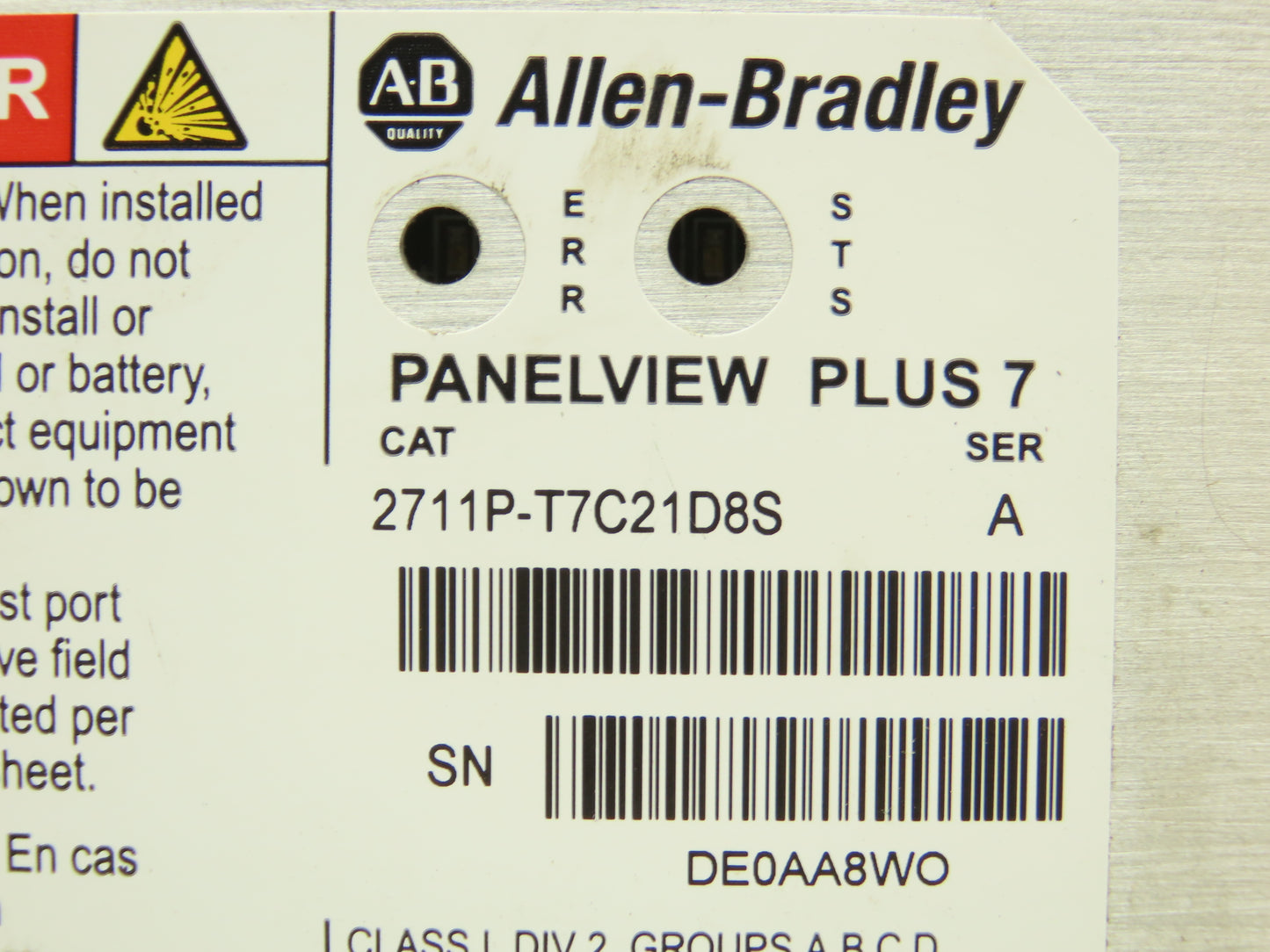 Allen Bradley 2711P-T7C21D8S PanelView Plus 7 Touch HMI 24VDC Control Panel