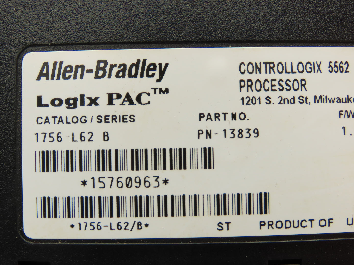Allen Bradley 1756-L62 ControlLogix 5562 Processor Logix Pac Ser B Fw Rev 1.10
