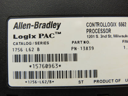 Allen Bradley 1756-L62 ControlLogix 5562 Processor Logix Pac Ser B Fw Rev 1.10