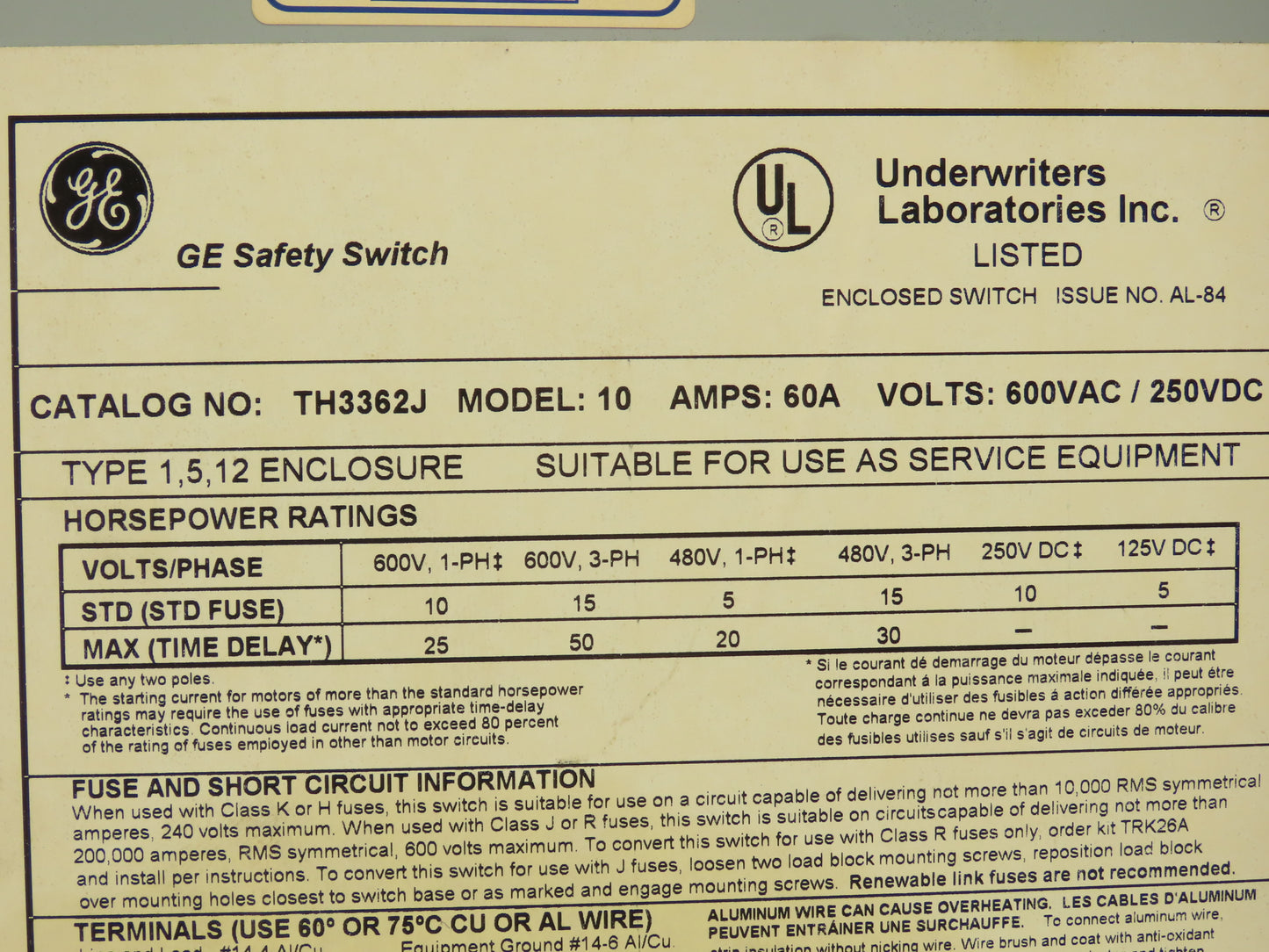 General Electric TH3362J Model 10 GE Safety Disconnect Switch 60A 600VAC