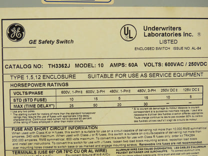 General Electric TH3362J Model 10 GE Safety Disconnect Switch 60A 600VAC