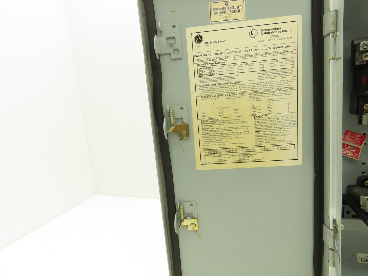General Electric TH3362J Model 10 GE Safety Disconnect Switch 60A 600VAC