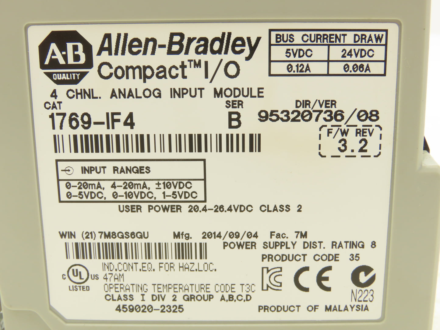 Allen Bradley 1769-IF4 Compact I/O Analog Input Module 24VDC Ser B Rev 2 F/W 3.2