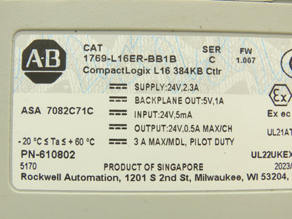 Allen Bradley 1769-L16ER-BB1B CompactLogix L16 DI/O 384KB Controller Series C