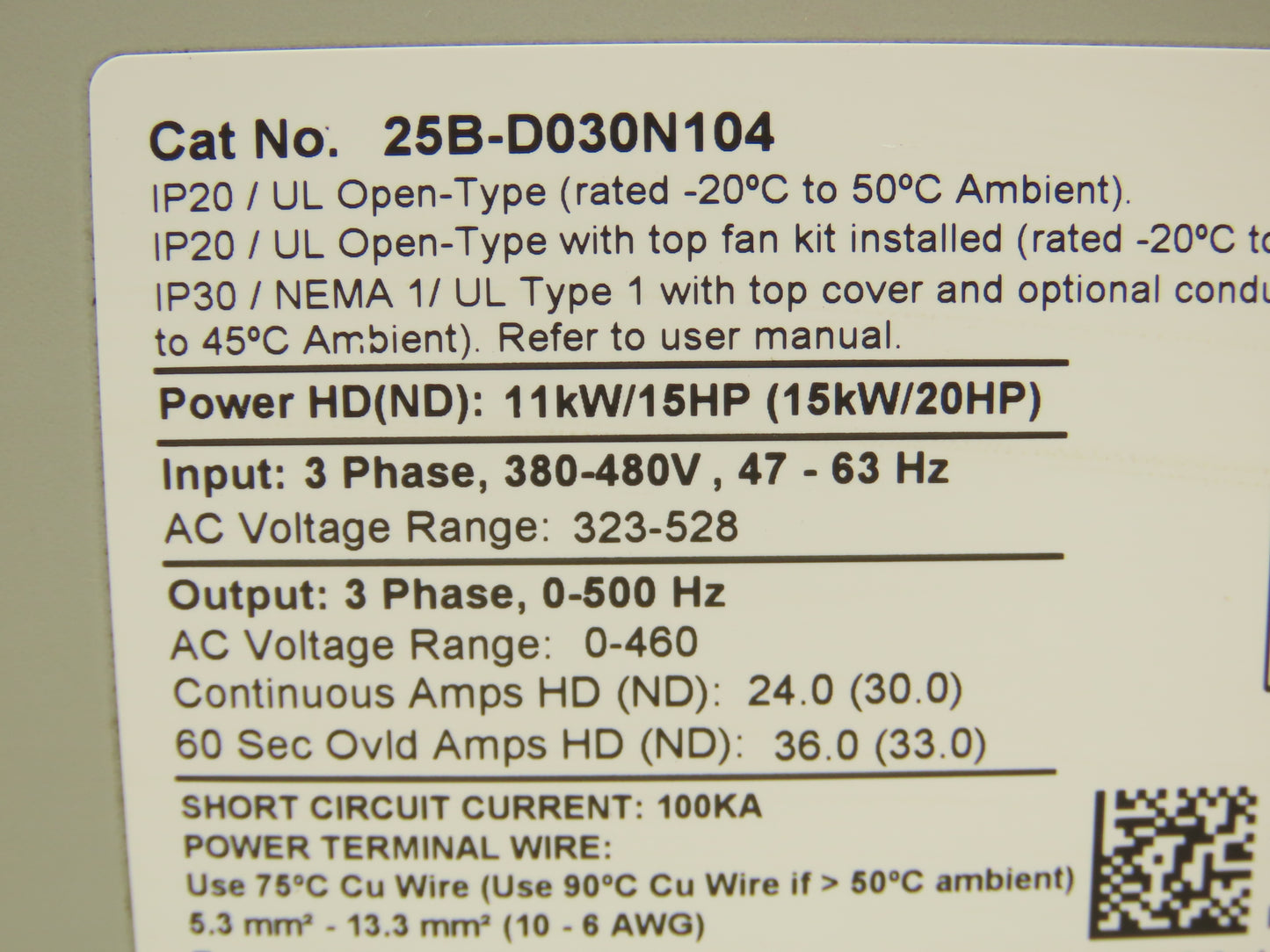 Allen Bradley 25B-D030N104 PowerFlex 525 VFD 500Hz 20Hp 460v 30A FRN 5.002 Ser A