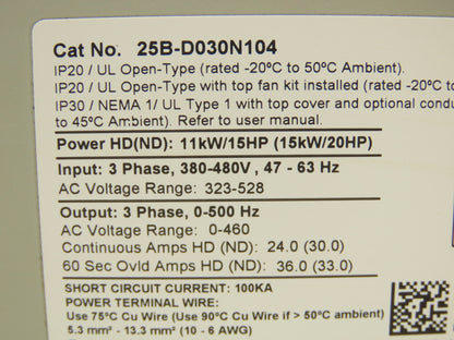 Allen Bradley 25B-D030N104 PowerFlex 525 VFD 500Hz 20Hp 460v 30A FRN 5.002 Ser A