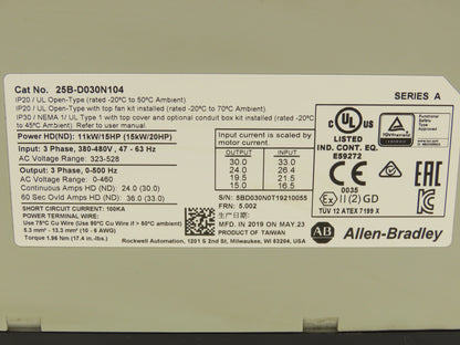 Allen Bradley 25B-D030N104 PowerFlex 525 VFD 500Hz 20Hp 460v 30A FRN 5.002 Ser A