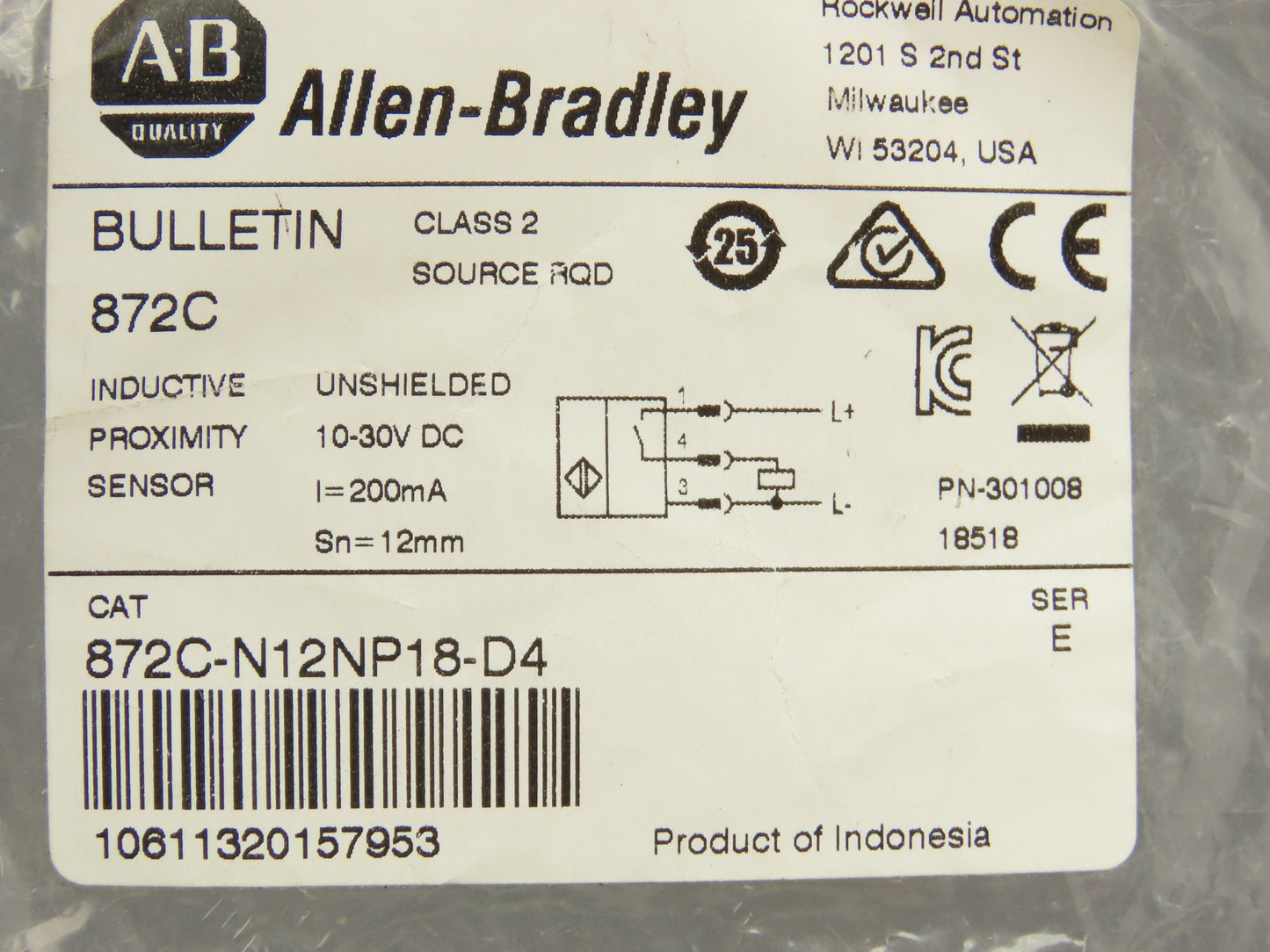 Allen Bradley 872C-N12NP18-D4 18mm Barrel Inductive Proximity Sensor 10-30VDC