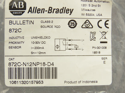 Allen Bradley 872C-N12NP18-D4 18mm Barrel Inductive Proximity Sensor 10-30VDC