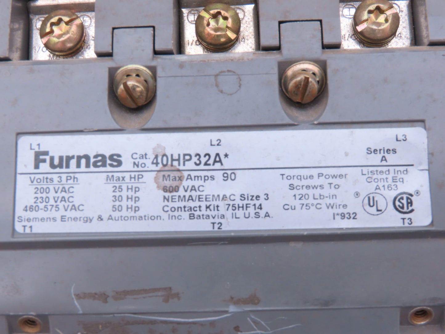 Furnas 40HP32A AC Contactor Motor Starter 50Hp 600VAC 3Ph 120V Coil